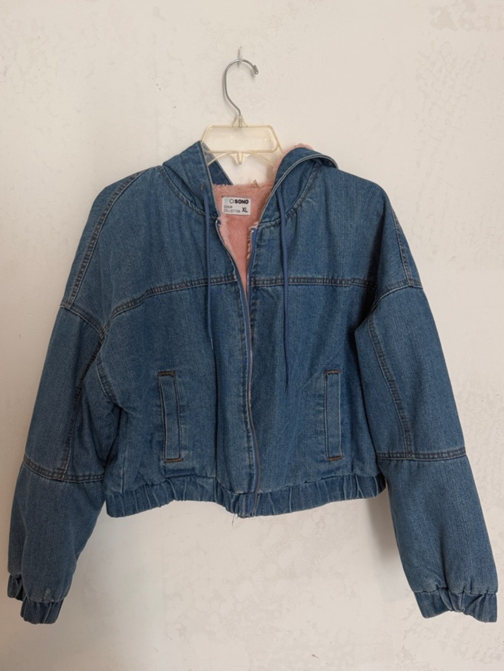 Super Cute Blue Denim Hooded Jacket with Pink Sherpa Lining - XL